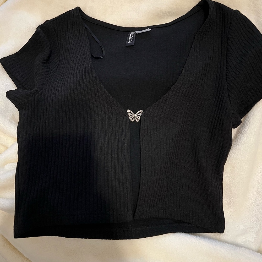 Black Ribbed Top with Butterfly Detail